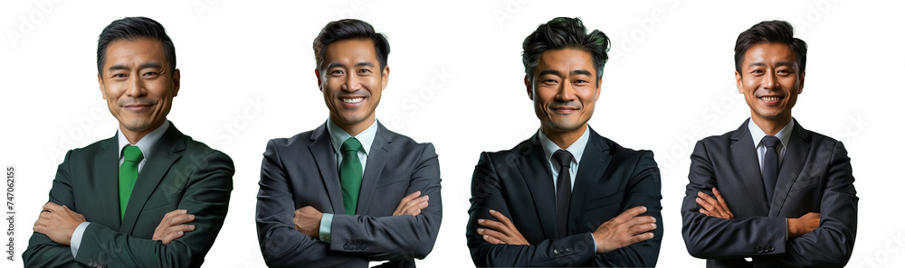 Smiling asian businessman with crossed arms isolated in transparent background, pictures collection Smiling asian businessman with crossed arms isolated in transparent background, pictures collection