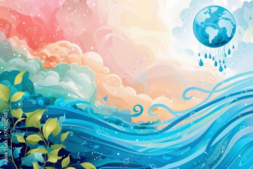Illustration of a background with a world in the ocean and clouds. Abstract background for World Meteorological Day.