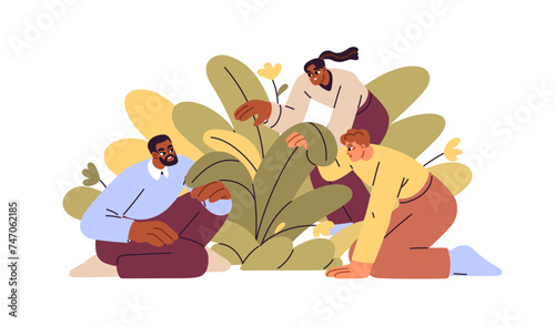 Team searching, looking for lost and hidden. Business group, curious people seeking, checking, watching, finding together. Teamwork concept. Flat vector illustration isolated on white background