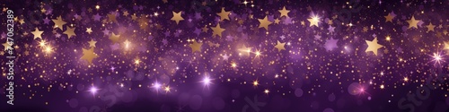 Shiny particles of golden color in the shape of stars on a purple background. Glowing sparks, festive background, greeting card. Mysterious and mystical background.