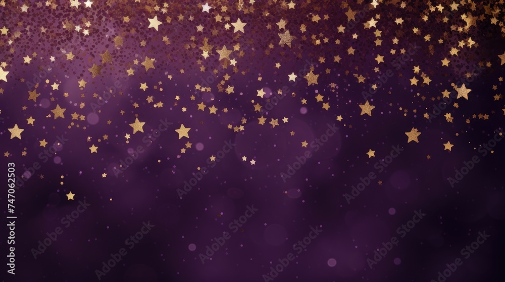 Shiny particles of golden color in the shape of stars on a purple background. Glowing sparks, festive background, greeting card. Mysterious and mystical background.