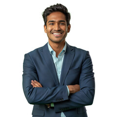 Smiling indian business man with crossed arms, isolated transparent background