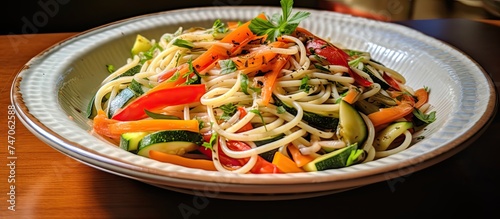 A white bowl containing a mix of pasta and various vegetables, including carrots, bell peppers, and spinach. The pasta is topped with a light sauce, creating a colorful and nutritious meal.