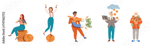 Man and Woman Character with Money Coin and Banknote Vector Set
