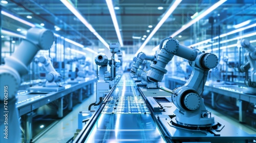 Advanced robotic arms on an automated production line in a high-tech manufacturing plant.