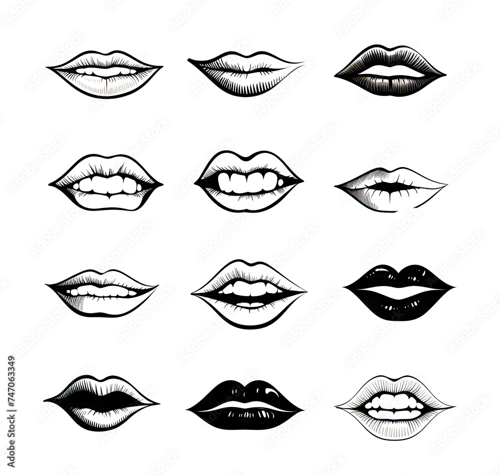Smiling Lips Sketch, Black and White Fun Smiling Lips Collection, Joy and Happiness Doodle Drawing Smiling Lips Sketch, Black and White Fun Smiling Lips Collection, Joy and Happiness Doodle Drawing