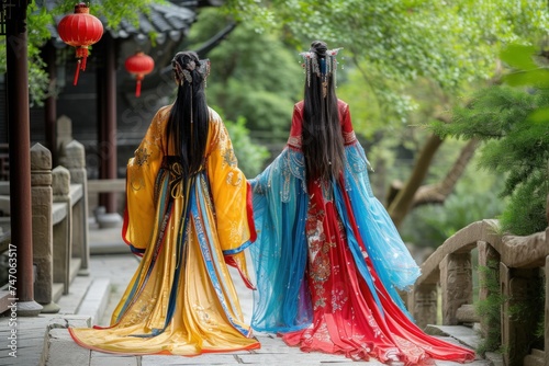 Two Chinese Girls in Traditional Outfits: The Charm of Oriental Culture and the Grace of a Walk in the Park
