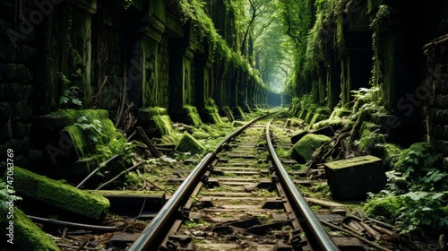 Abandoned railway station overgrown with vines and foliage, eerie and nostalgic atmosphere