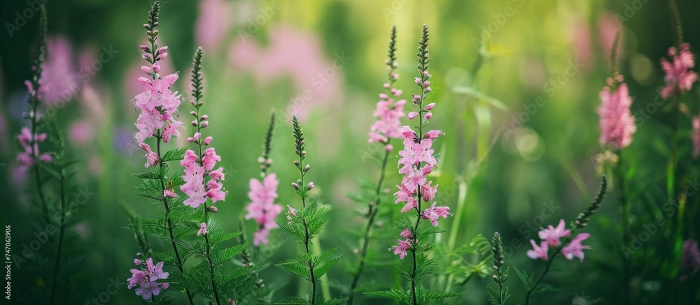 A vibrant field of magenta flowers growing in the lush grassland, creating a beautiful meadow of groundcover plants. A vibrant field of magenta flowers growing in the lush grassland, creating a beautiful meadow of groundcover plants.