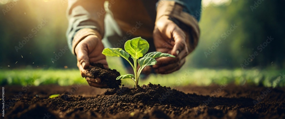 Expert hand of farmer checking soil health before growth a seed of vegetable or plant seedling, Business or ecology concept, analyze complex data sets in real-time, with a digital interface overlaid - obrazy, fototapety, plakaty 