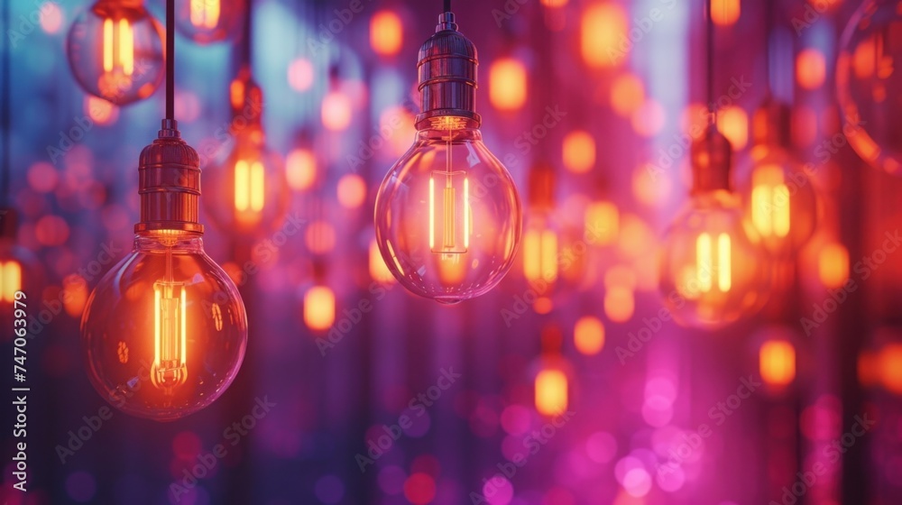 Bright glow: yellow incandescent bulbs in enveloping neon light for a cosy atmosphere Bright glow: yellow incandescent bulbs in enveloping neon light for a cosy atmosphere