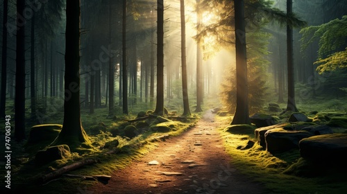 Tranquil forest glade with sunlight filtering through canopy, illuminating moss covered path photo