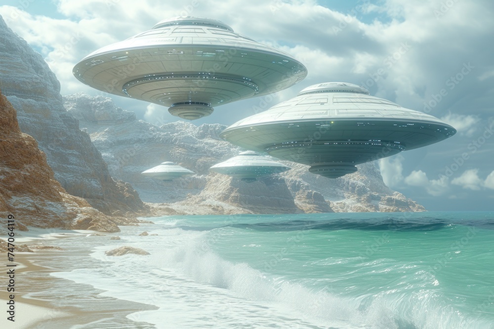 Imposing spaceships: flying saucers or ships from the future, striking with the accuracy of detail and realism of the simulation Imposing spaceships: flying saucers or ships from the future, striking with the accuracy of detail and realism of the simulation