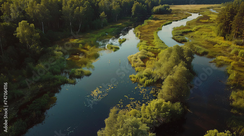 View of the marshy river in the forest.