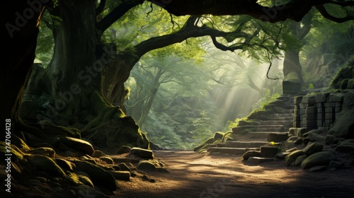 Serene forest glade with sunlight through canopy, moss covered path illuminated in nature