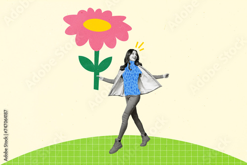 Retro 3d magazine collage image of excited carefree lady walking delivering flower isolated beige color background
