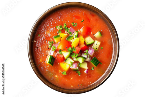 Spanish gazpacho soup with tomatoes, cucumbers, bell peppers, onions, garlic, and olive oil in a refreshing chilled broth.