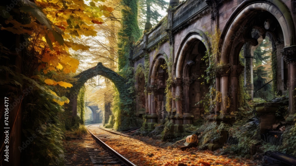 Overgrown railway station lost in time and nature, nostalgic and mysterious atmosphere
