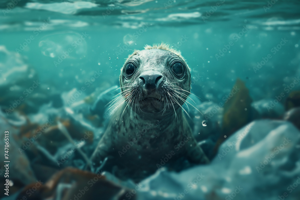 Fototapeta premium Marine animals that must face environmental disasters Garbage and plastic in the sea