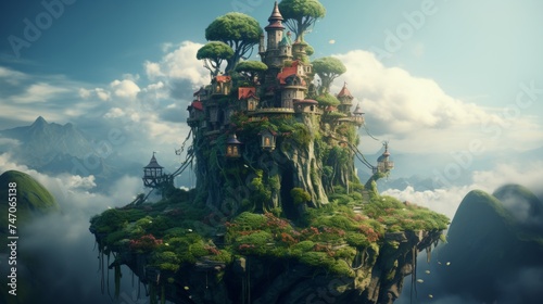 Enchanting fairy tale castle on green hilltop with towers reaching to the sky and cloudy background