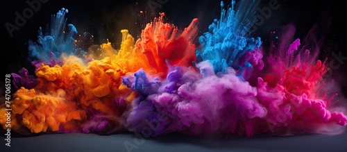 A group of vibrant colored smokes suspended in mid-air against a dark black backdrop, creating a mesmerizing visual effect that captures the eye. The colors blend and merge, forming intricate patterns