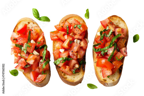 top view of Italian bruschetta with toasted bread topped with diced tomatoes, garlic, basil, and olive oil.
