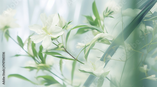 Ethereal White Anemones flowers in Soft Light green floral Background