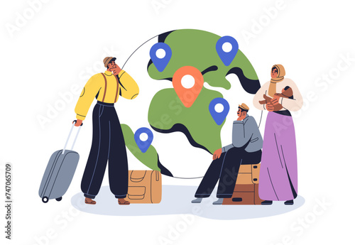 Migration concept. Refugees, migrants, foreigners wandering around world, choosing country, destination. Immigrants and emigrants. Flat graphic vector illustration isolated on white background