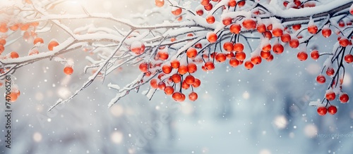 A branch covered in sparkling snow stands out against the winter backdrop, showcasing vibrant red berries. The glistening snow enhances the beauty of the red berries, creating a festive atmosphere.