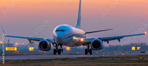 Panoramic view of modern passenger airplane flying in a sunset sky with beautiful colorful horizon