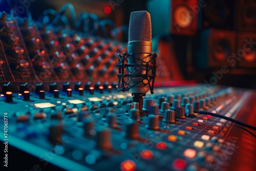 Boutique recording studio control desk. Professional studio microphone with musician blurred background and audio mixer, Musical instrument Concept.