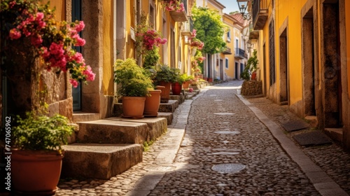 Charming countryside village with colorful flowers, cottages, and cobblestone streets