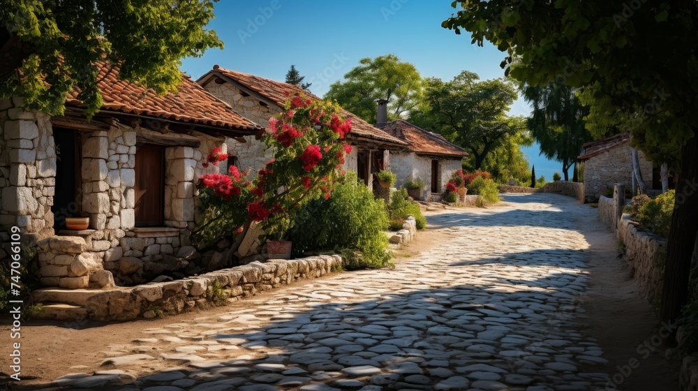 Serene countryside village with flower baskets, charming cottages, and cobblestone streets.