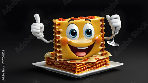 cartoon lasagna. a cartoon character with a happy face and funny lasagna on a black background