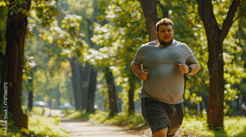 Overweight man in athletic wear is running down a path in a park surrounded by lush greenery and trees on a sunny day