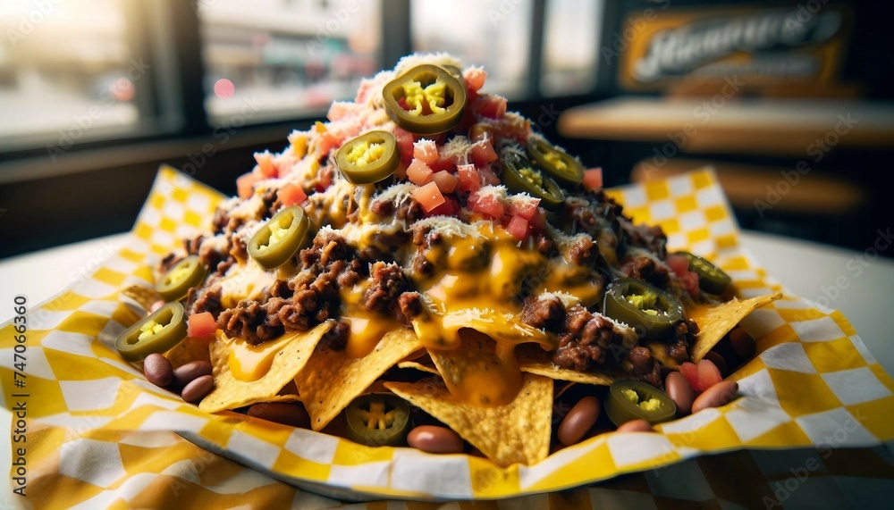 Naklejka premium Loaded Nachos with Beef and Spicy Jalapeños
