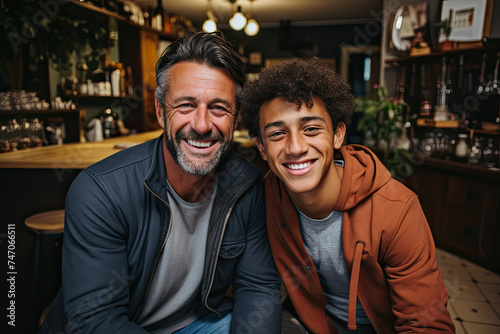 Happy mature man is seated next to another young man who is smiling in a bar setting