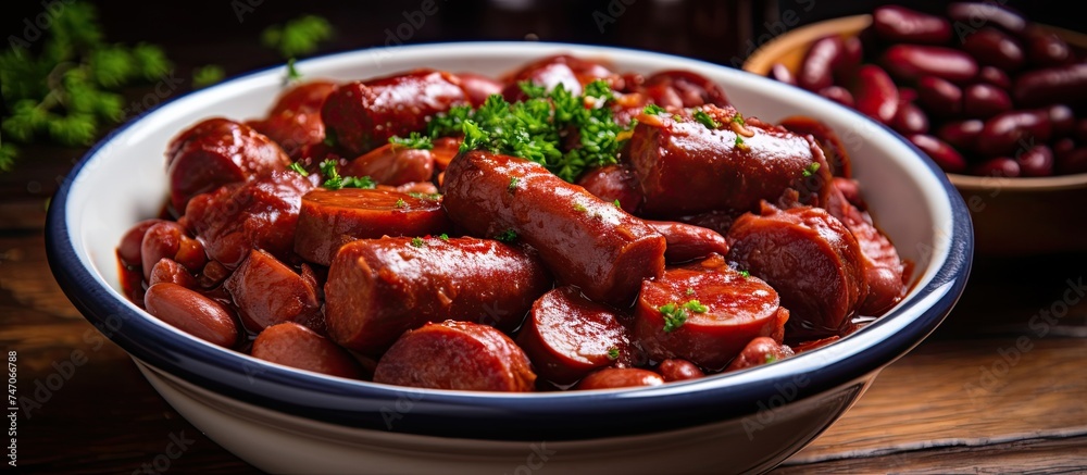 A white bowl contains cooked sausages in tomato paste, while another bowl holds red beans, both neatly placed side by side. A white bowl contains cooked sausages in tomato paste, while another bowl holds red beans, both neatly placed side by side.