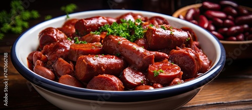 A white bowl contains cooked sausages in tomato paste, while another bowl holds red beans, both neatly placed side by side.