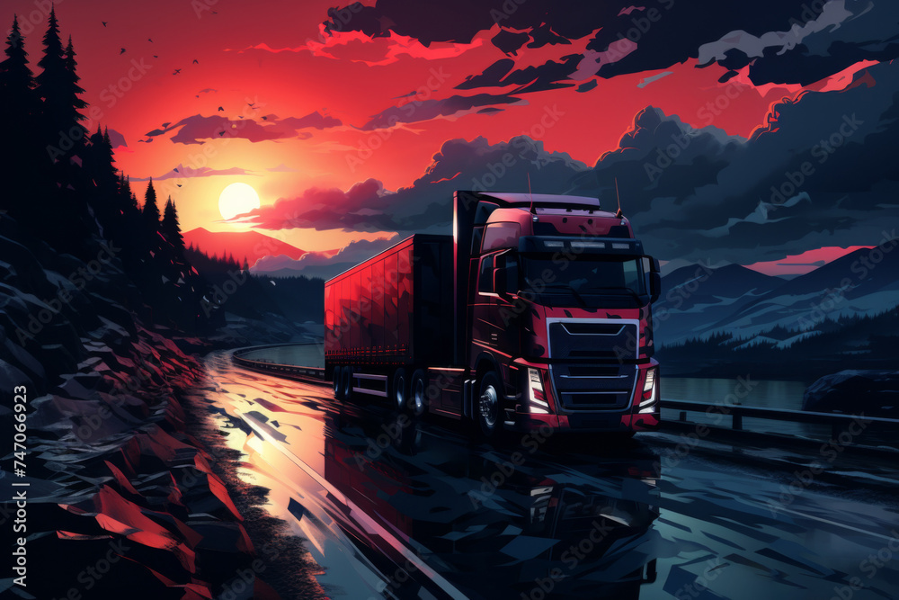 An illustration of a truck on the highway against the backdrop of the evening sun, generative AI