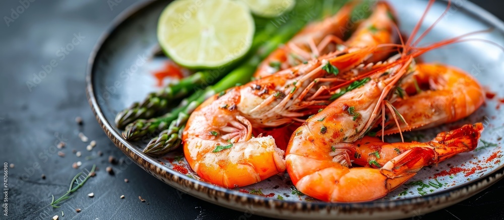 A dish of shrimp and asparagus served on a table, showcasing a combination of seafood and leafy vegetable ingredients in a delicious cuisine