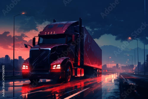 An illustration of a truck on the highway against the backdrop of the evening sun, generative AI