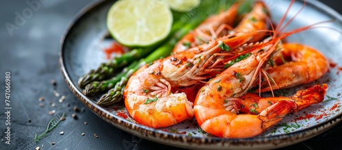 A dish of shrimp and asparagus served on a table, showcasing a combination of seafood and leafy vegetable ingredients in a delicious cuisine