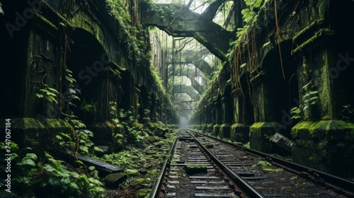 Overgrown railway station consumed by vines and foliage, evoking nostalgia and mystery