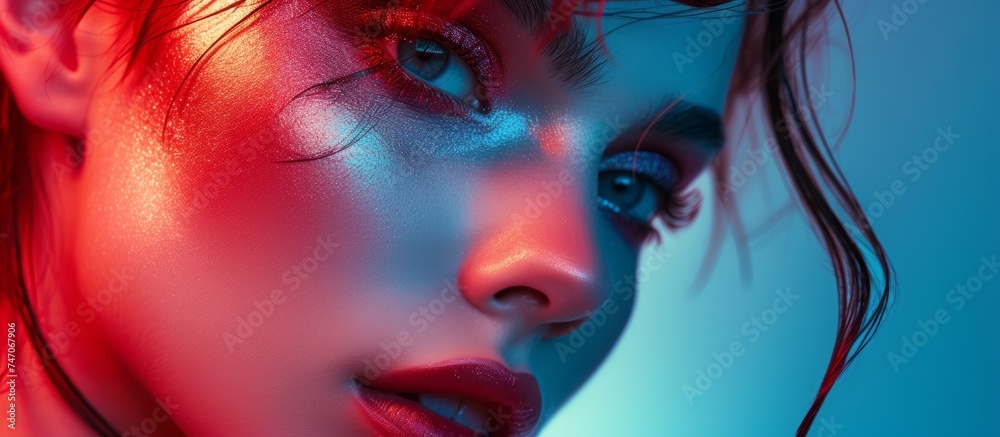 Vibrant and Expressive: Woman with Striking Red and Blue Makeup