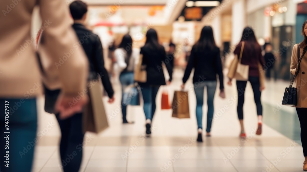 Defocused background of people walking in a modern shopping mall with some shoppers in motion blur Defocused background of people walking in a modern shopping mall with some shoppers in motion blur
