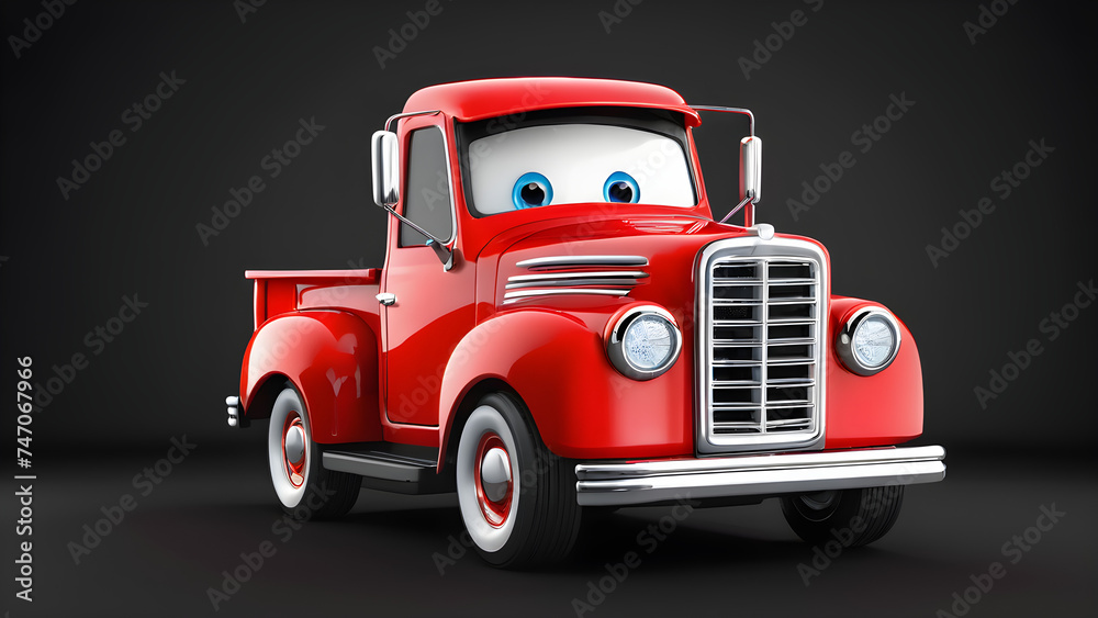 a cartoon character with happy face funny cartoon truck. pickup truck on a black background. illustration of a pickup truck