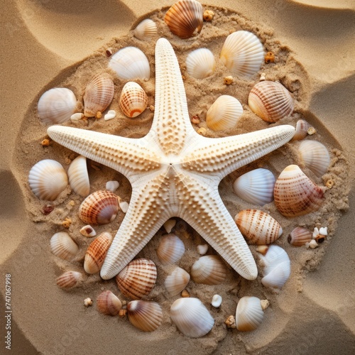 Starfish and seashells on the sand. Top view.