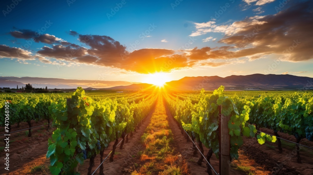 Fototapeta premium Scenic vineyard landscape with rows of grapevines under the sun, promising rich wine flavors