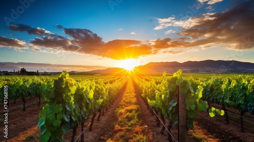Scenic vineyard landscape with rows of grapevines under the sun, promising rich wine flavors